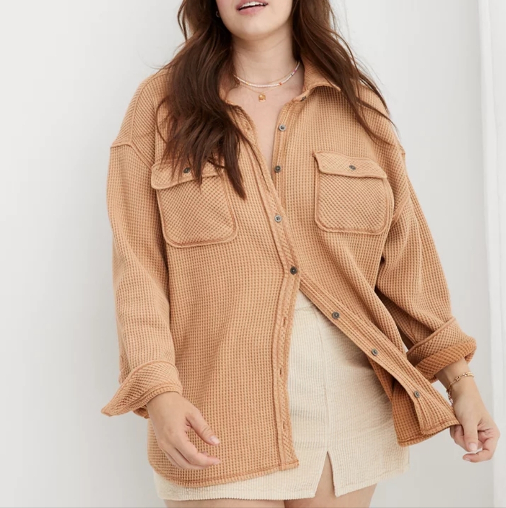 Aerie Camel Tan Lumber Jane Waffle Knit Cotton Blend Oversized Jacket Medium